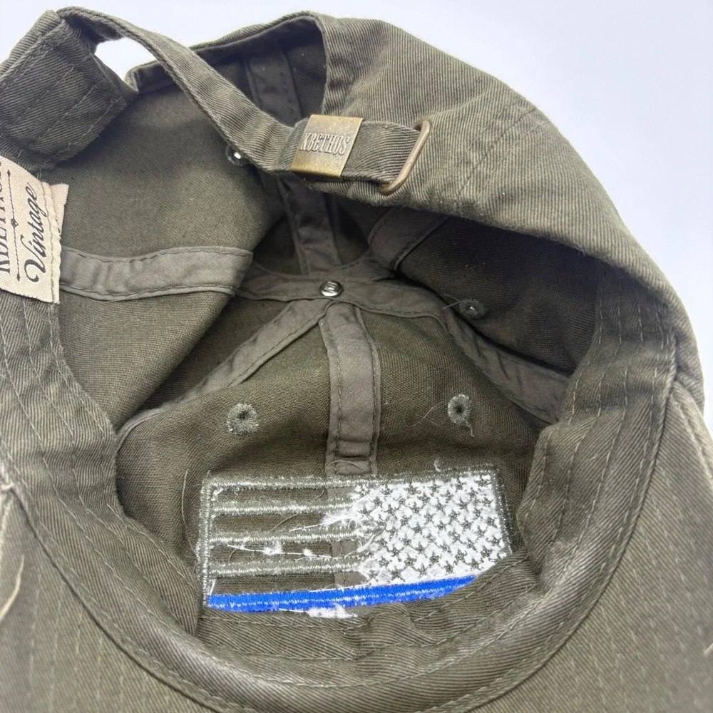 KBETHOS Vintage Men Olive Green Thin Blue Line American Flag Distressed Hat Cap